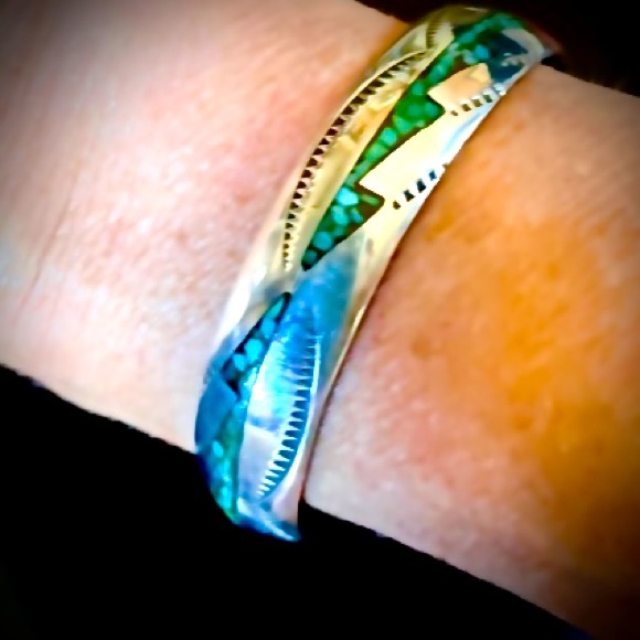 Vintage 50’s Navajo Sterling Silver & Turquoise Bracelet Cuff - Picture 8 of 9